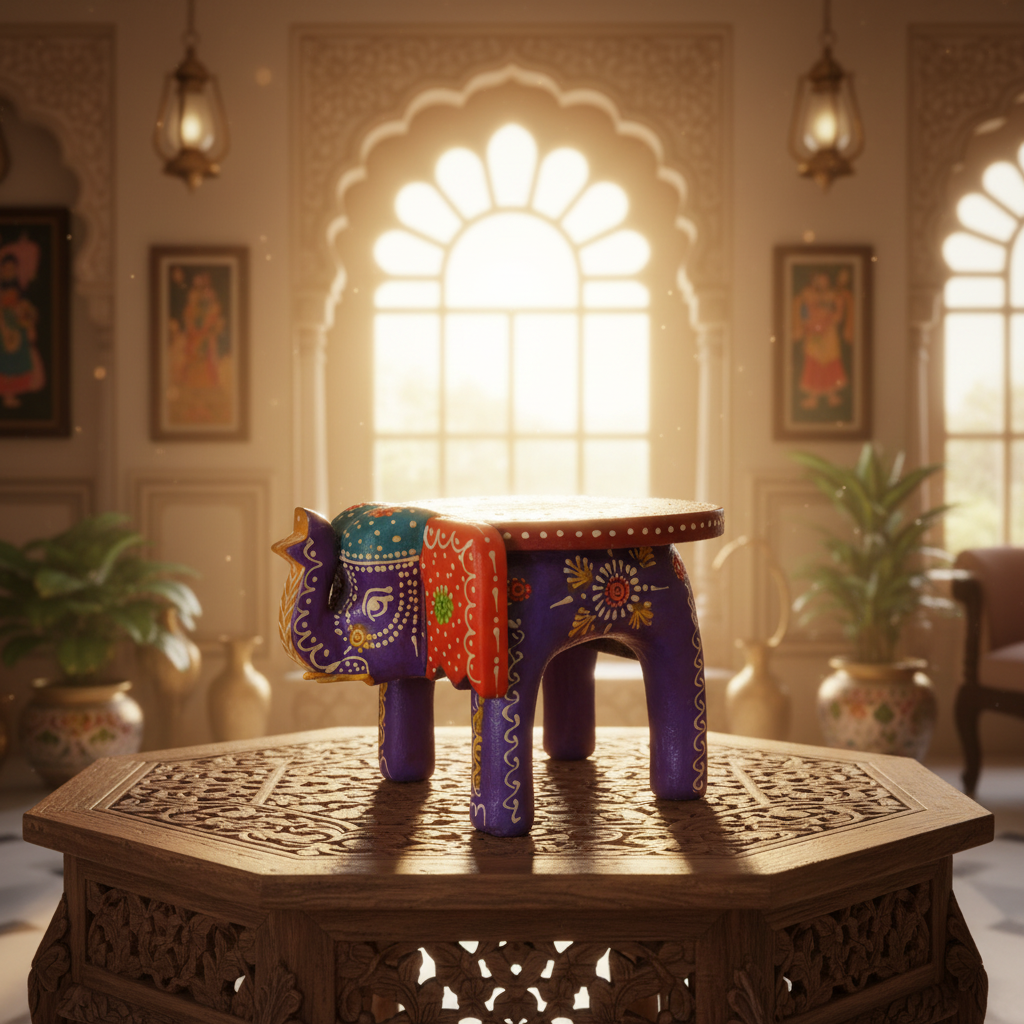 Handcrafted Wooden Elephant Stool – Traditional Hand-Painted Decorative Accent Table