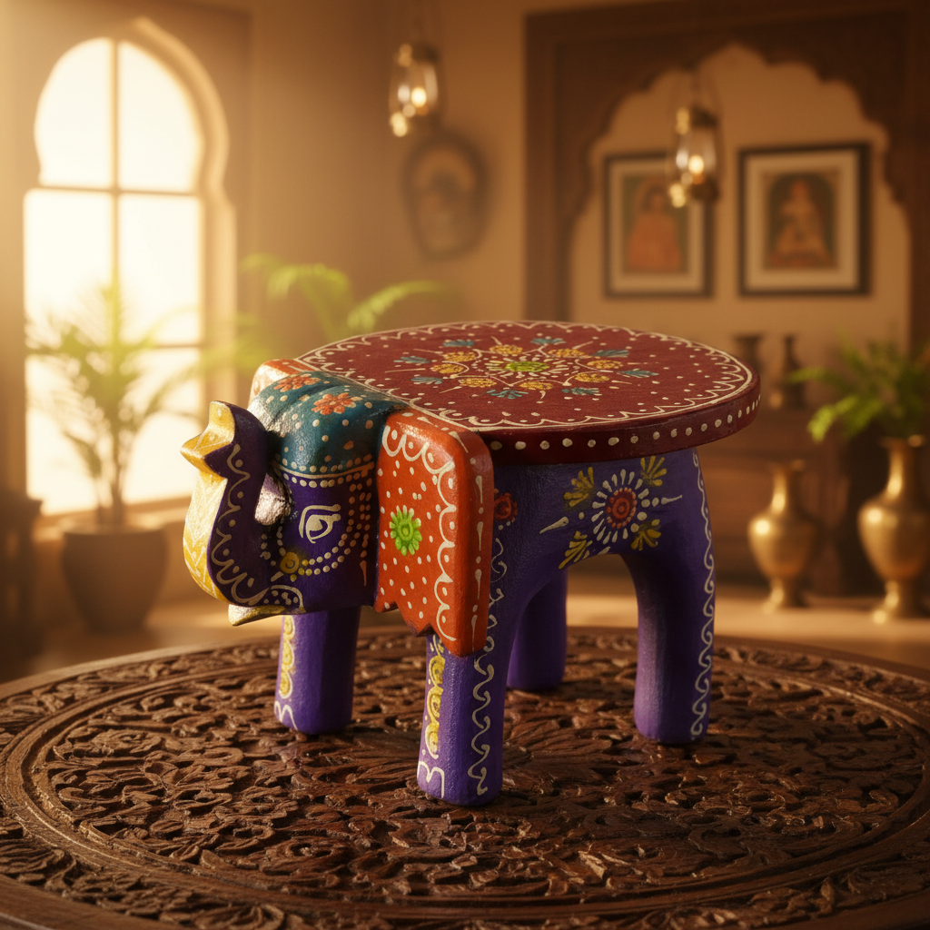 Handcrafted Wooden Elephant Stool – Traditional Hand-Painted Decorative Accent Table