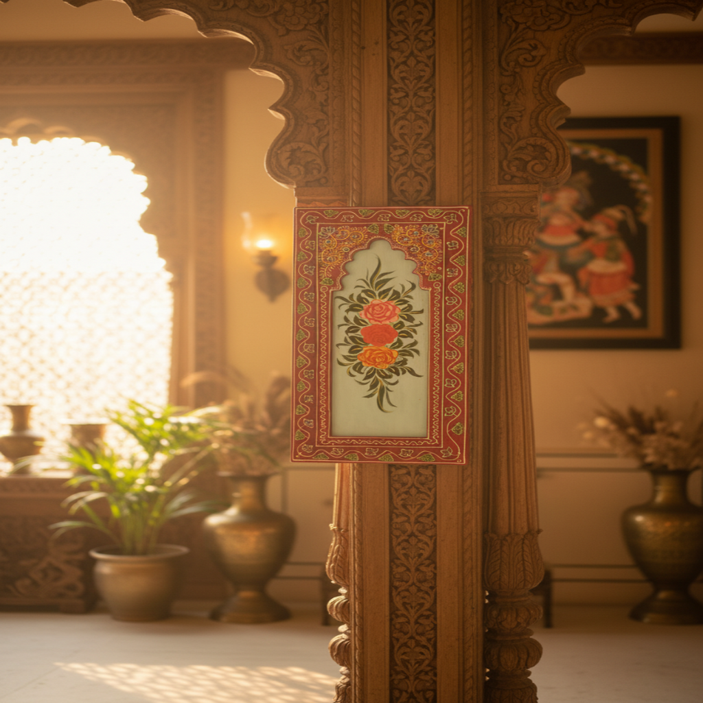 Handcrafted Wooden Floral Wall Panel – Traditional Hand-Painted Decorative Wall Art