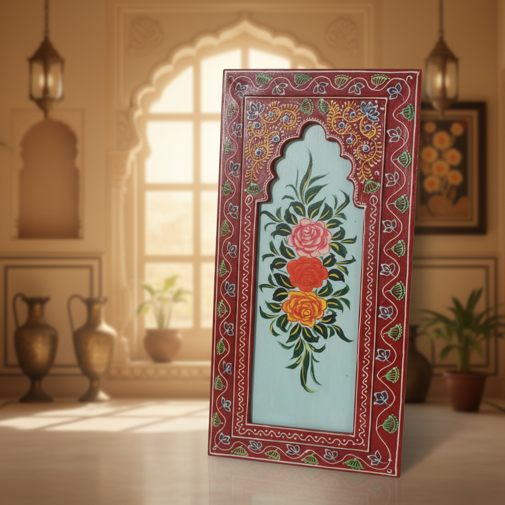Handcrafted Wooden Floral Wall Panel – Traditional Hand-Painted Decorative Wall Art
