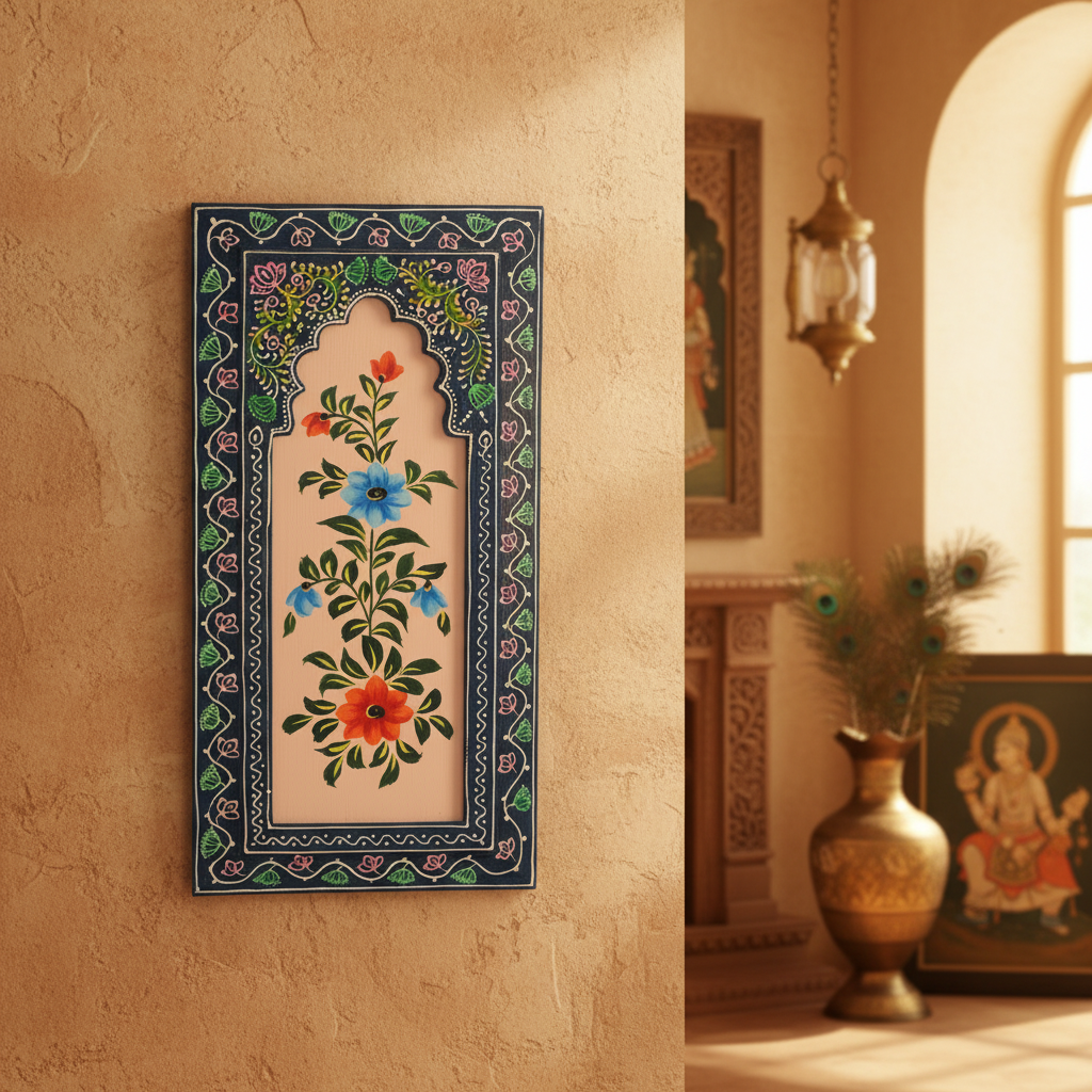 Handcrafted Wooden Floral Wall Panel – Traditional Hand-Painted Decorative Wall Art