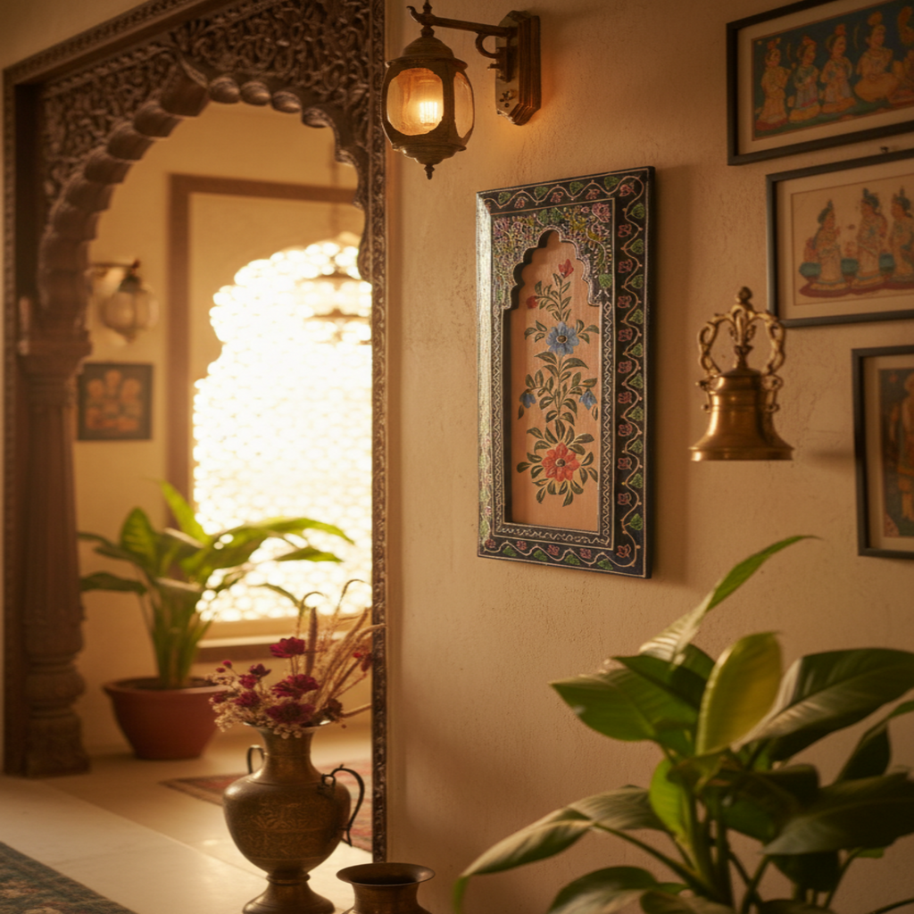 Handcrafted Wooden Floral Wall Panel – Traditional Hand-Painted Decorative Wall Art