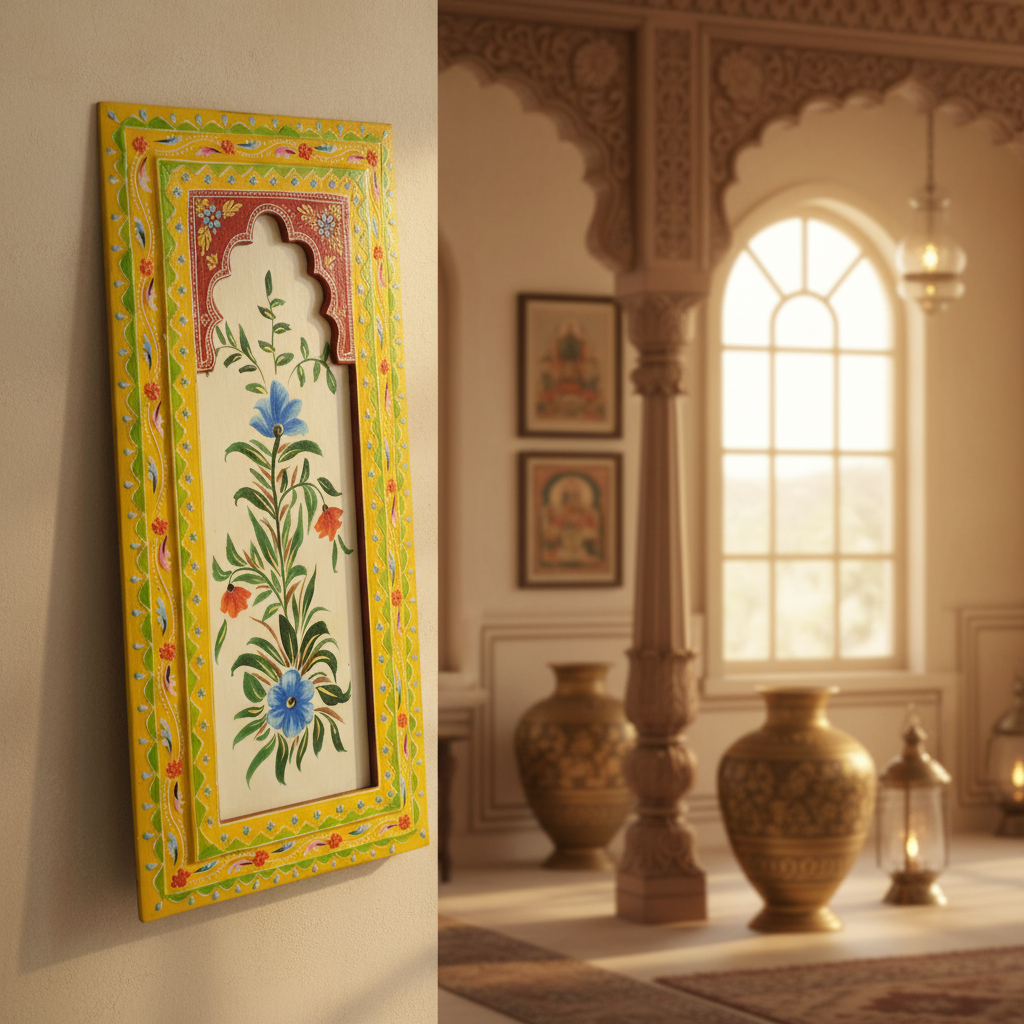 Handcrafted Wooden Floral Wall Panel – Traditional Hand-Painted Decorative Wall Art