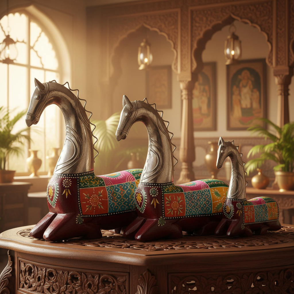 Decorative Handcrafted Horse Figurine Set – Metal Finish & Hand Painted Traditional Art