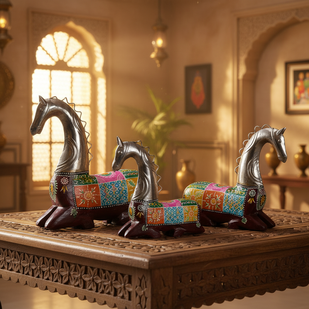 Decorative Handcrafted Horse Figurine Set – Metal Finish & Hand Painted Traditional Art