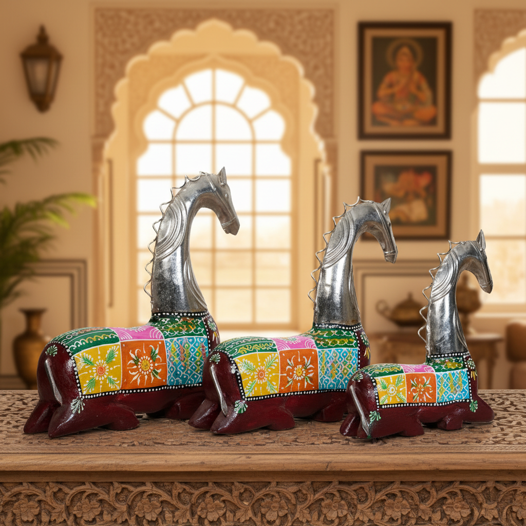 Decorative Handcrafted Horse Figurine Set – Metal Finish & Hand Painted Traditional Art