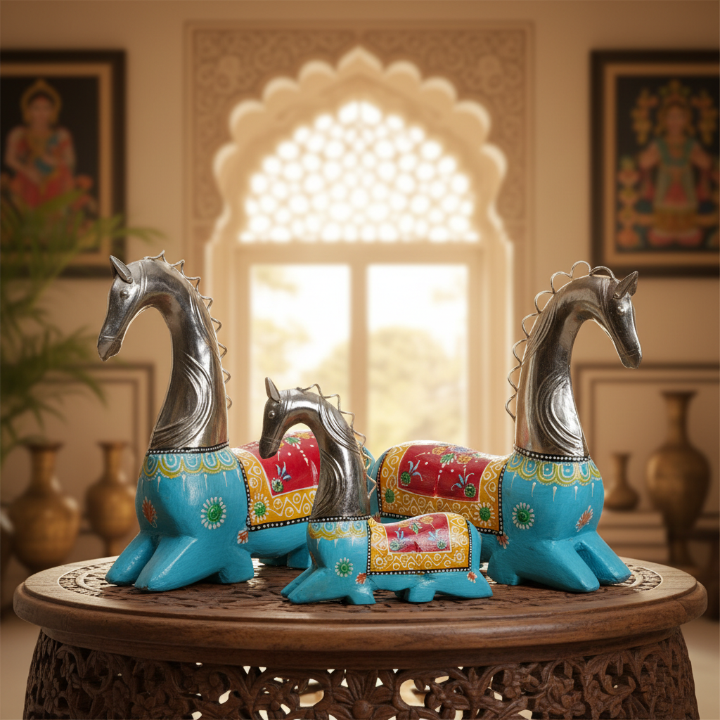 Decorative Handcrafted Horse Figurine Set – Metal Finish & Hand Painted Traditional Art