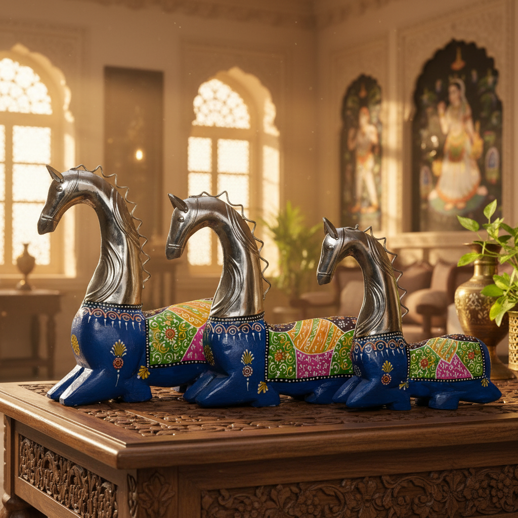 Decorative Handcrafted Horse Figurine Set – Metal Finish & Hand Painted Traditional Art