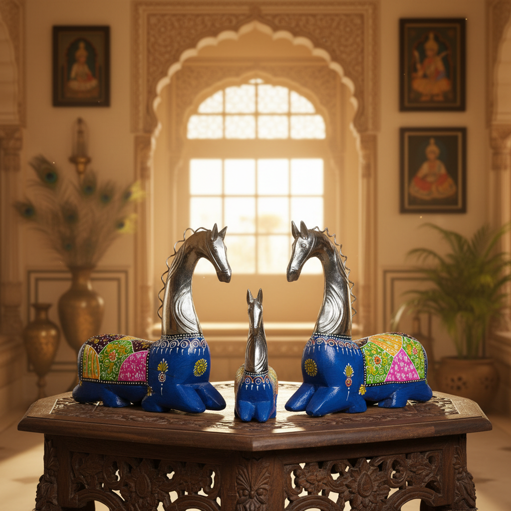 Decorative Handcrafted Horse Figurine Set – Metal Finish & Hand Painted Traditional Art