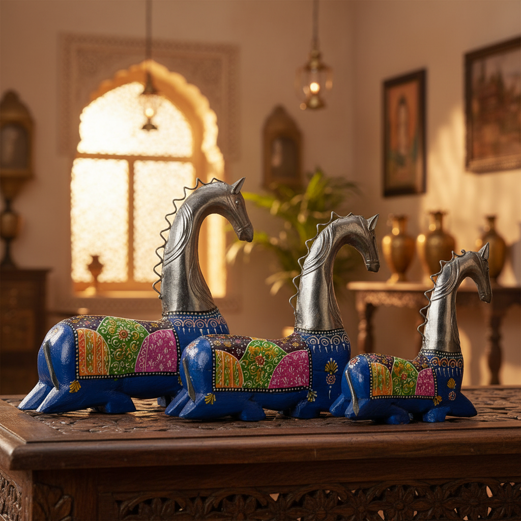 Decorative Handcrafted Horse Figurine Set – Metal Finish & Hand Painted Traditional Art