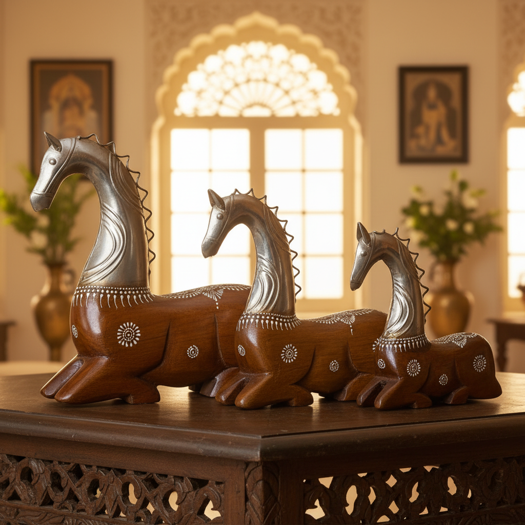 Decorative Handcrafted Horse Figurine Set – Metal Finish & Hand Painted Traditional Art
