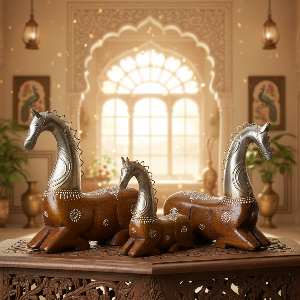 Decorative Handcrafted Horse Figurine Set – Metal Finish & Hand Painted Traditional Art