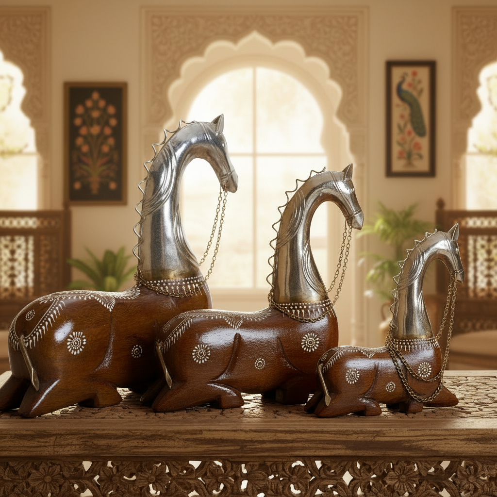 Decorative Handcrafted Horse Figurine Set – Metal Finish & Hand Painted Traditional Art