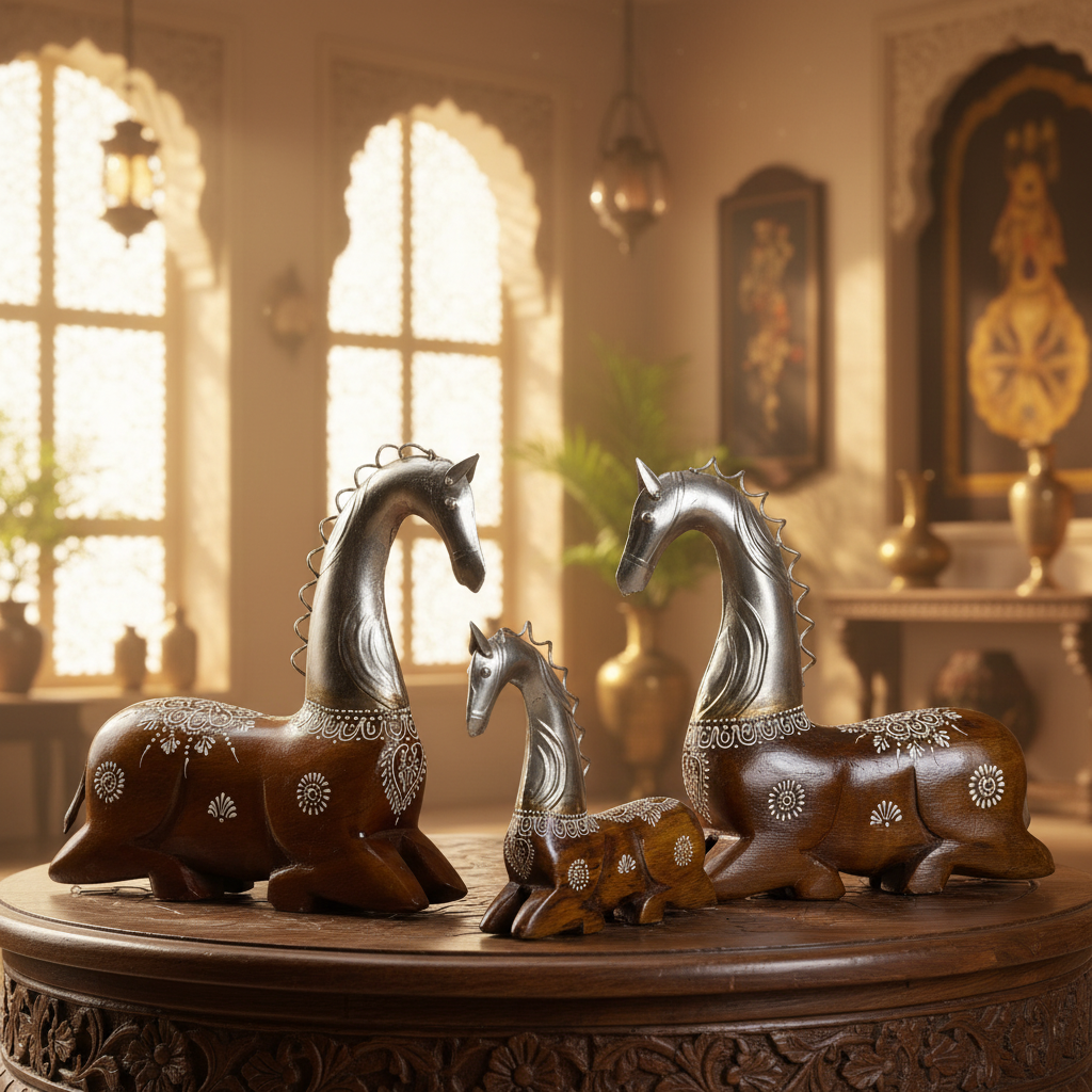 Decorative Handcrafted Horse Figurine Set – Metal Finish & Hand Painted Traditional Art