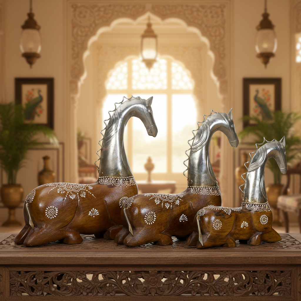 Decorative Handcrafted Horse Figurine Set – Metal Finish & Hand Painted Traditional Art