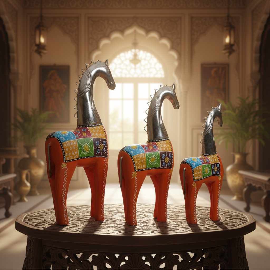 Decorative Handcrafted Horse Figurine Set – Metal Finish & Hand Painted Traditional Art