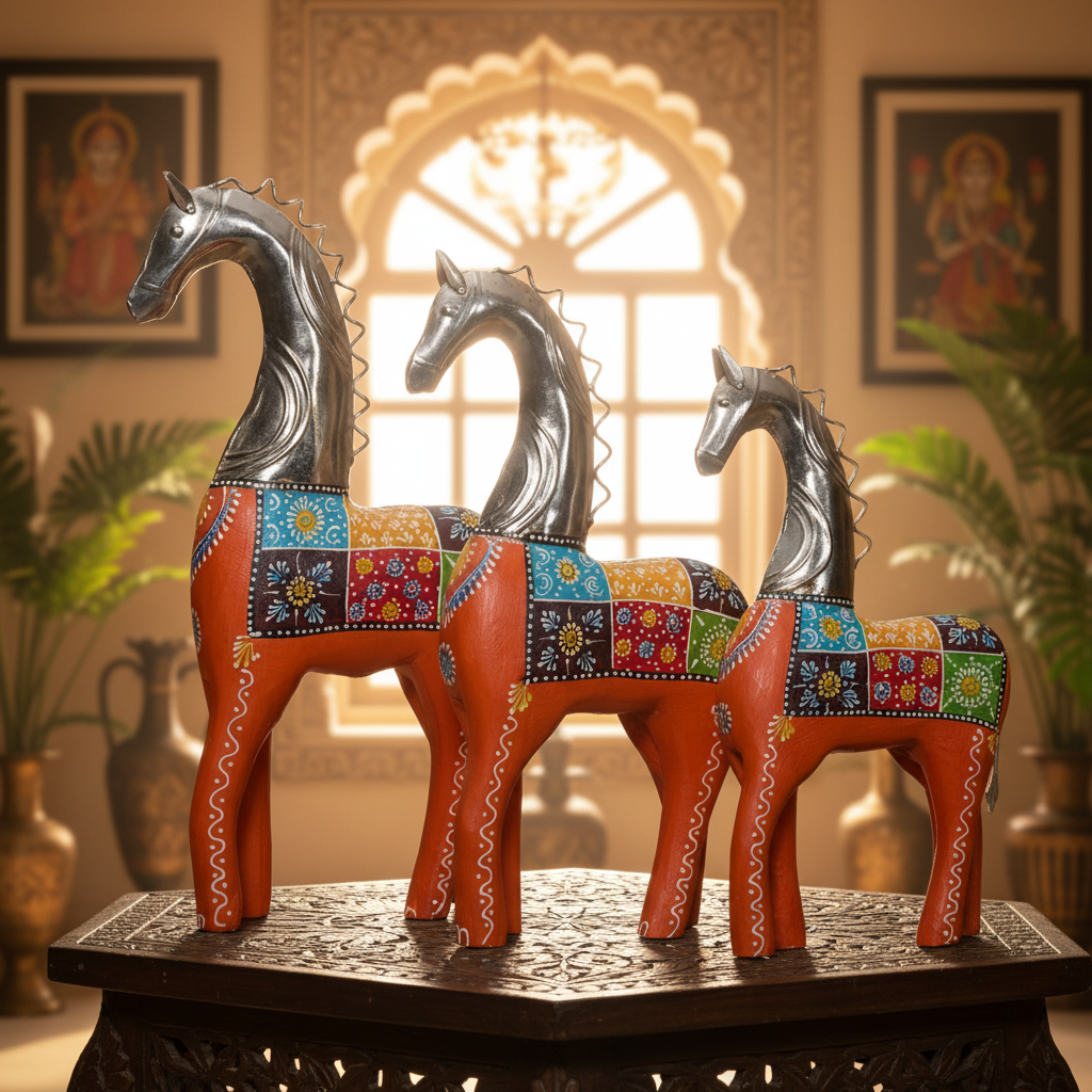 Decorative Handcrafted Horse Figurine Set – Metal Finish & Hand Painted Traditional Art