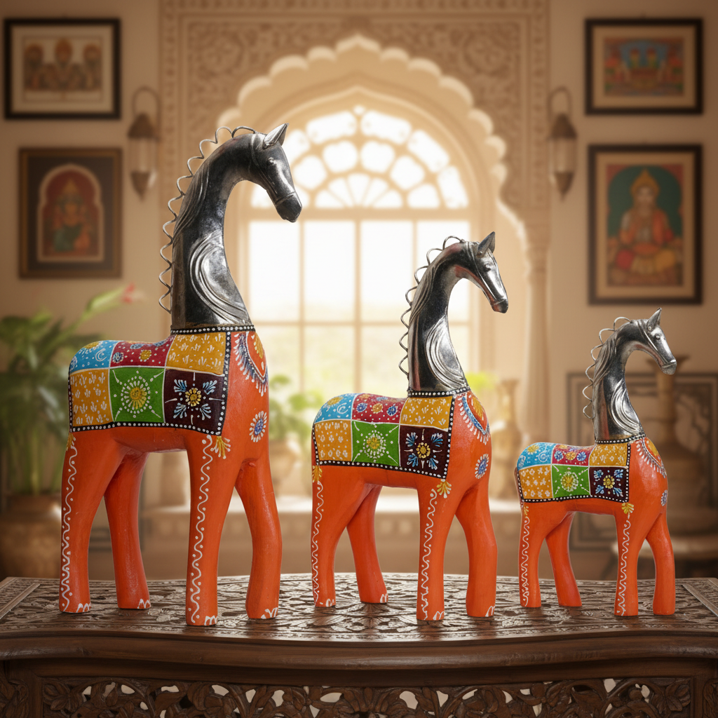 Decorative Handcrafted Horse Figurine Set – Metal Finish & Hand Painted Traditional Art