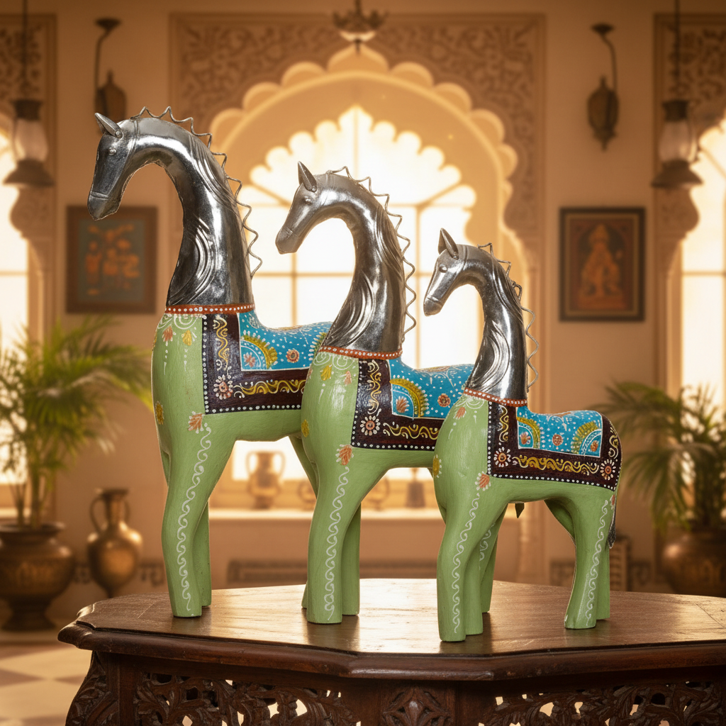 Decorative Handcrafted Horse Figurine Set – Metal Finish & Hand Painted Traditional Art