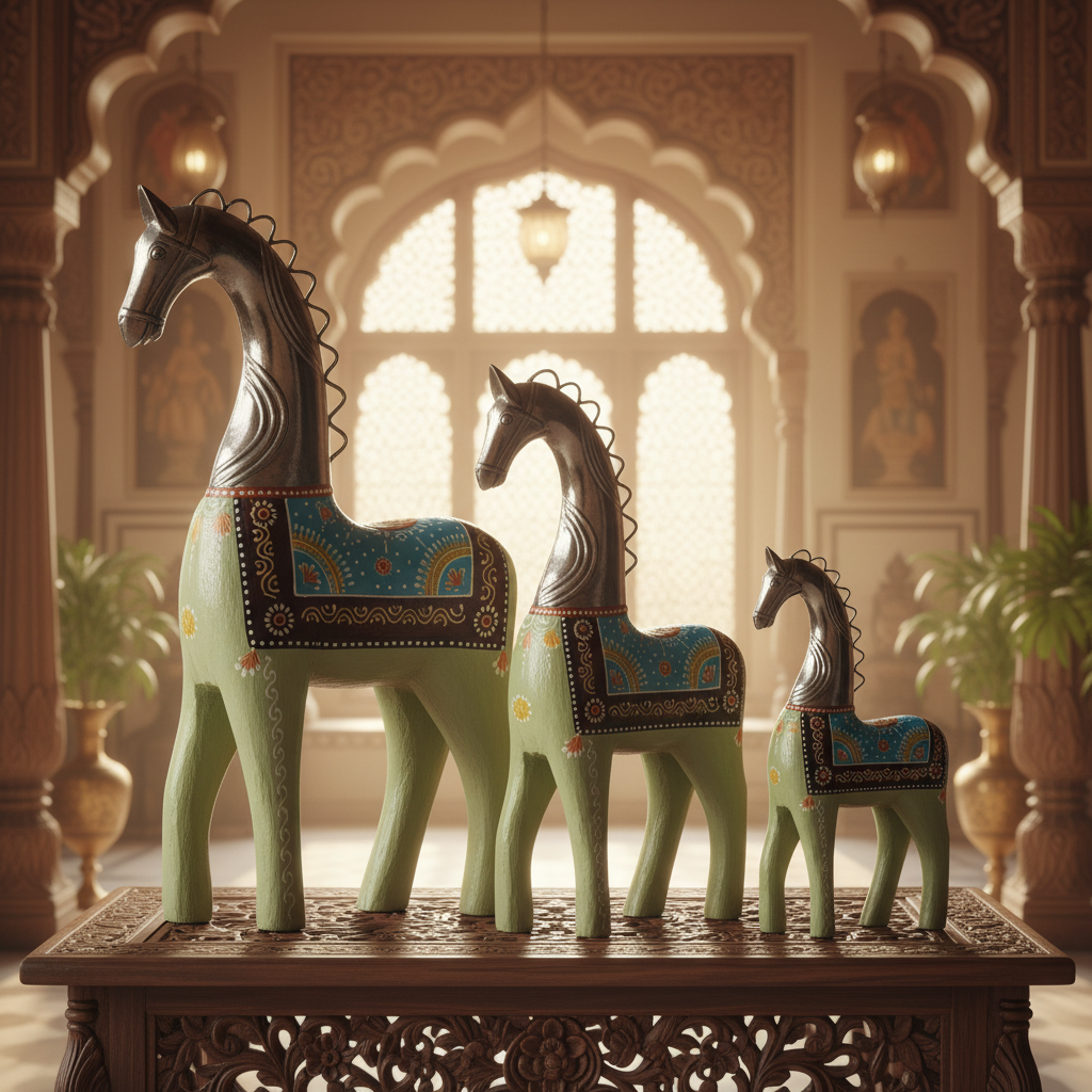 Decorative Handcrafted Horse Figurine Set – Metal Finish & Hand Painted Traditional Art
