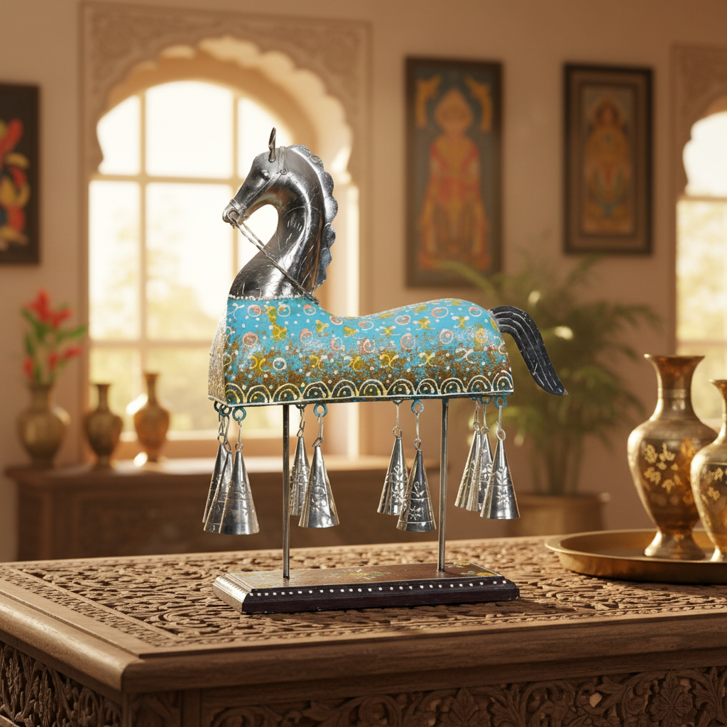 Decorative Handcrafted Horse Figurine with Hanging Bells – Metal Finish & Hand Painted Traditional Art