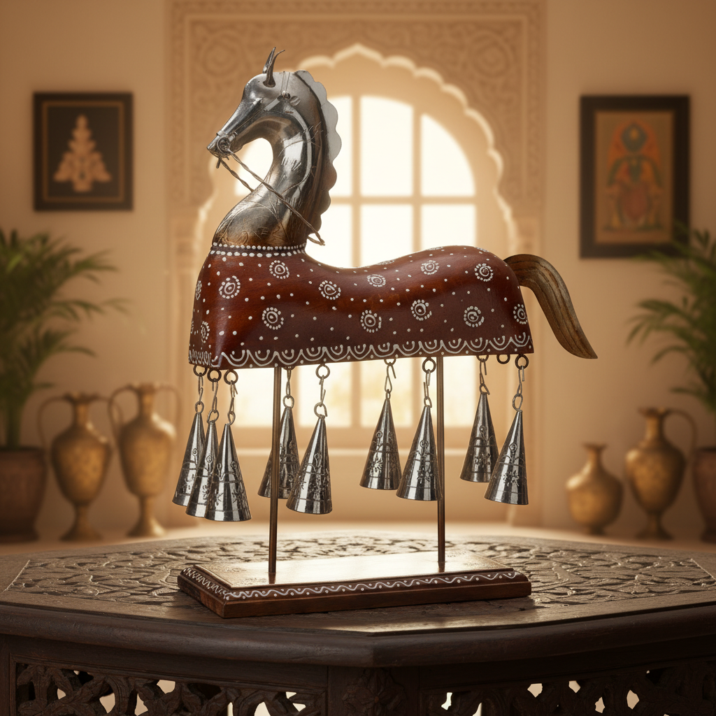 Decorative Handcrafted Horse Figurine with Hanging Bells – Metal Finish & Hand Painted Traditional Art