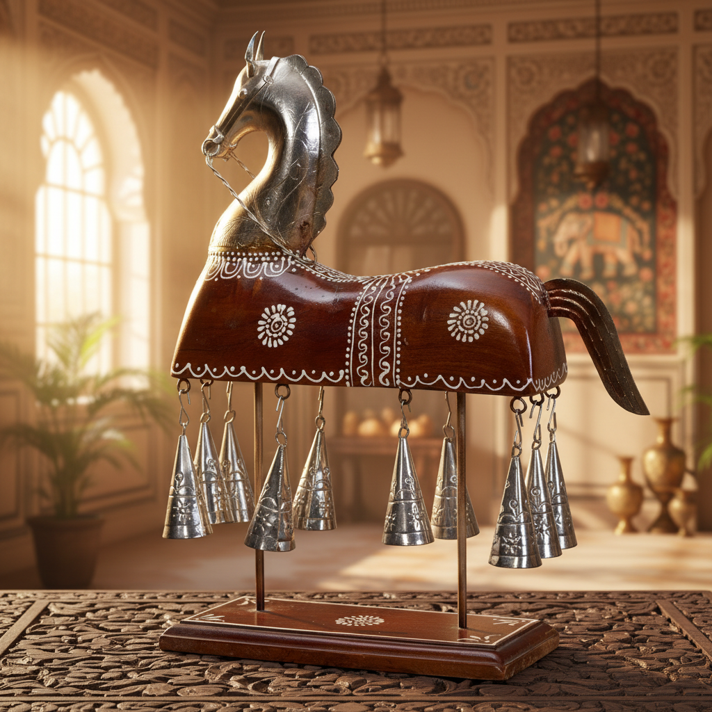 Decorative Handcrafted Horse Figurine with Hanging Bells – Metal Finish & Hand Painted Traditional Art
