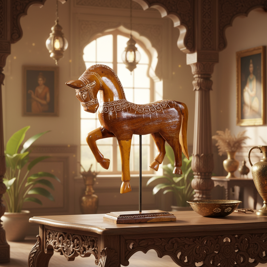 Decorative Handcrafted Standing Horse Figurine – Traditional Hand Painted Wooden Art