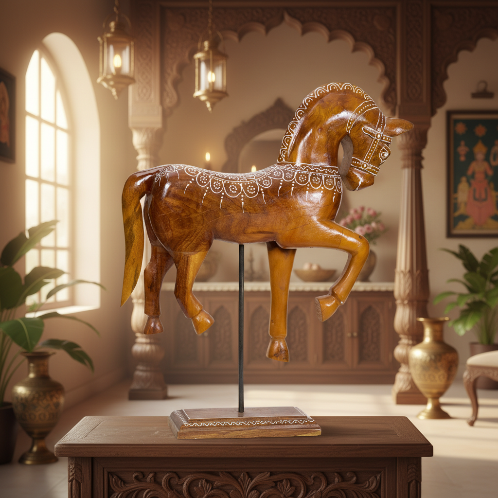 Decorative Handcrafted Standing Horse Figurine – Traditional Hand Painted Wooden Art