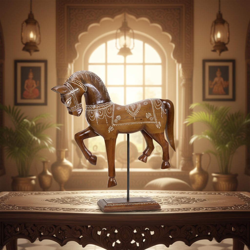 Decorative Handcrafted Standing Horse Figurine – Traditional Hand Painted Wooden Art