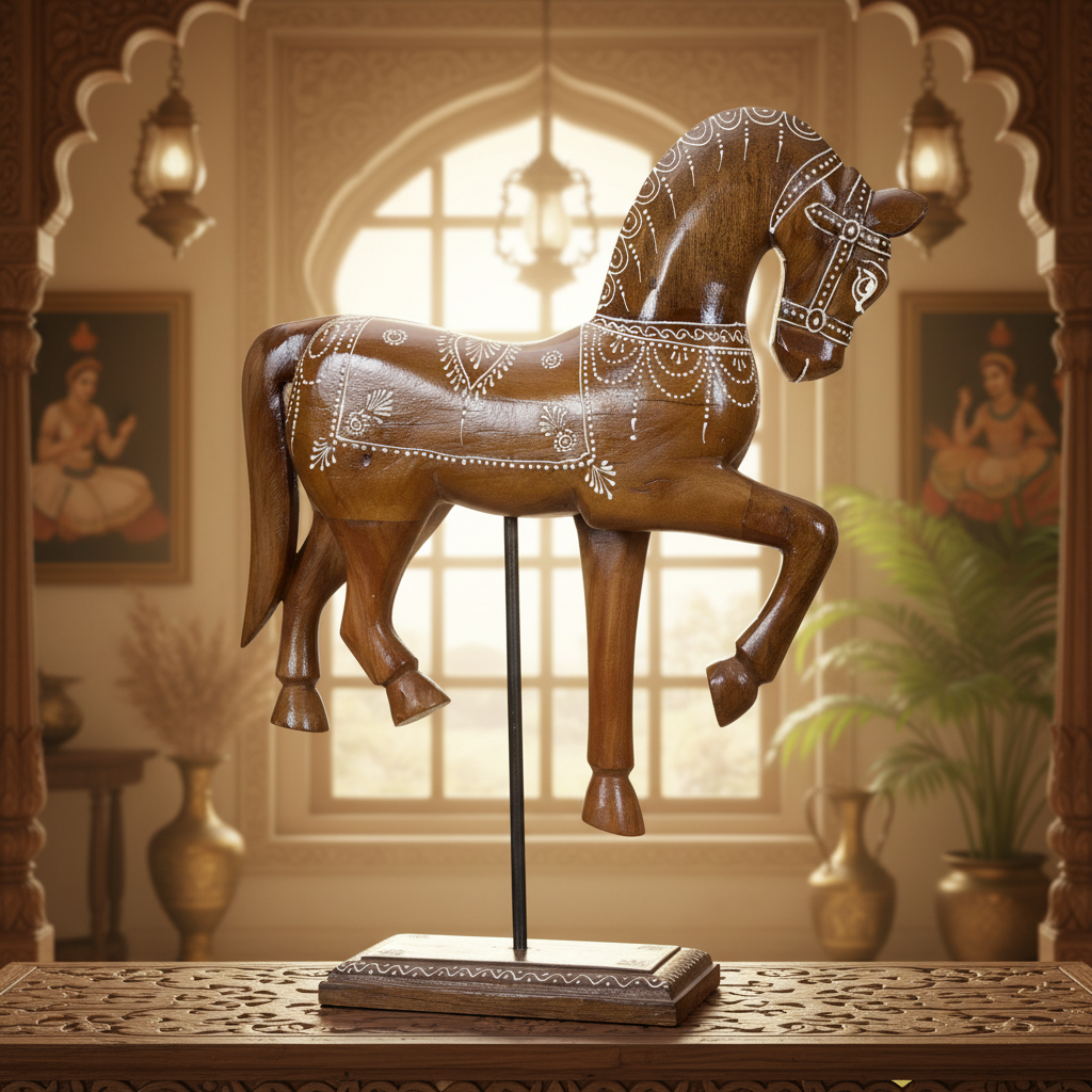 Decorative Handcrafted Standing Horse Figurine – Traditional Hand Painted Wooden Art