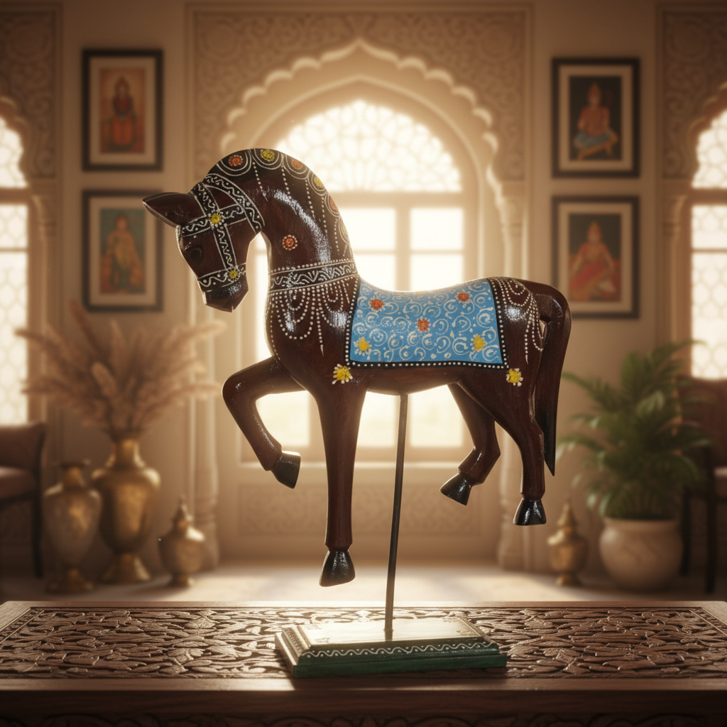 Decorative Handcrafted Standing Horse Figurine – Traditional Hand Painted Wooden Art