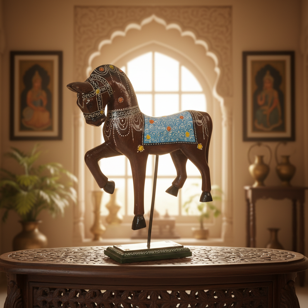 Decorative Handcrafted Standing Horse Figurine – Traditional Hand Painted Wooden Art