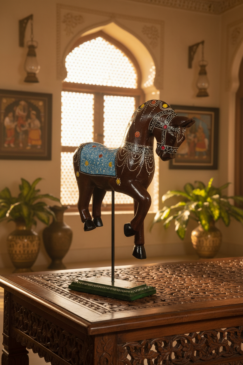 Decorative Handcrafted Standing Horse Figurine – Traditional Hand Painted Wooden Art
