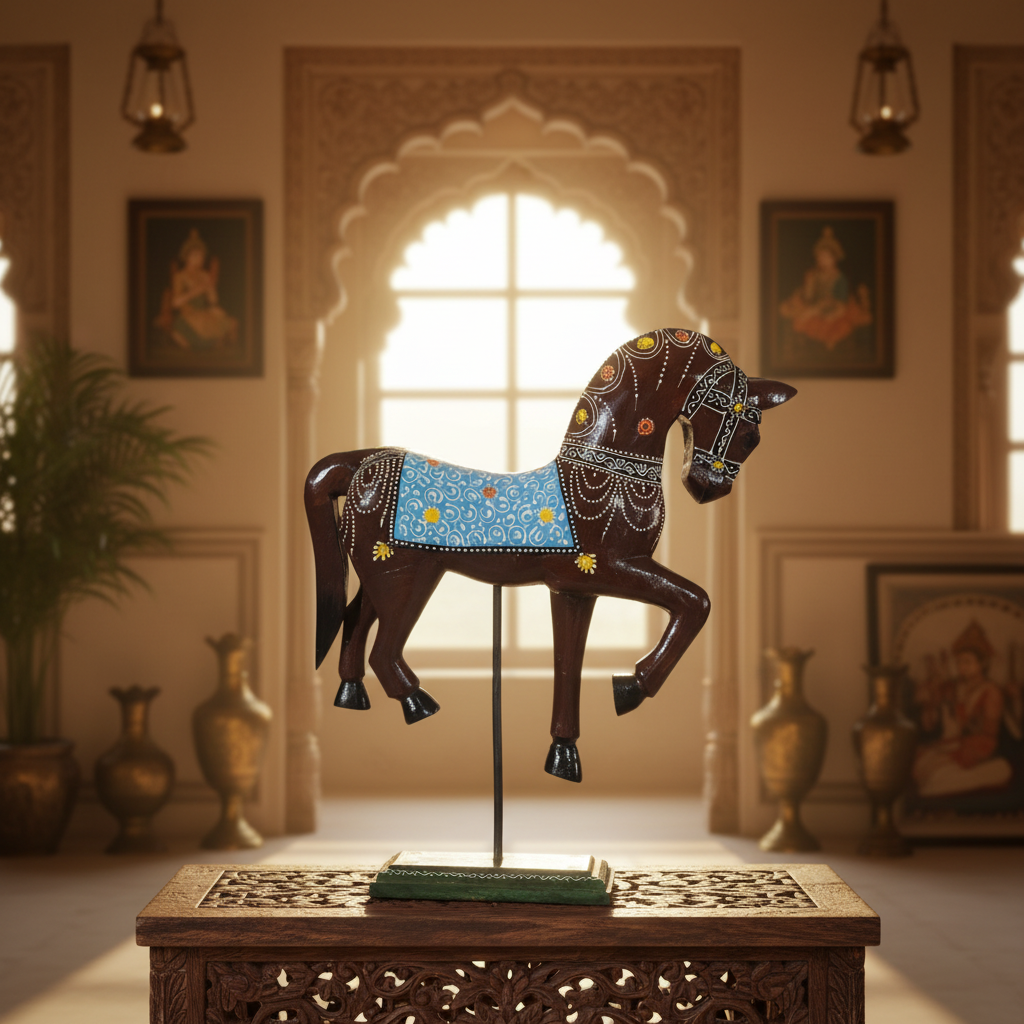 Decorative Handcrafted Standing Horse Figurine – Traditional Hand Painted Wooden Art