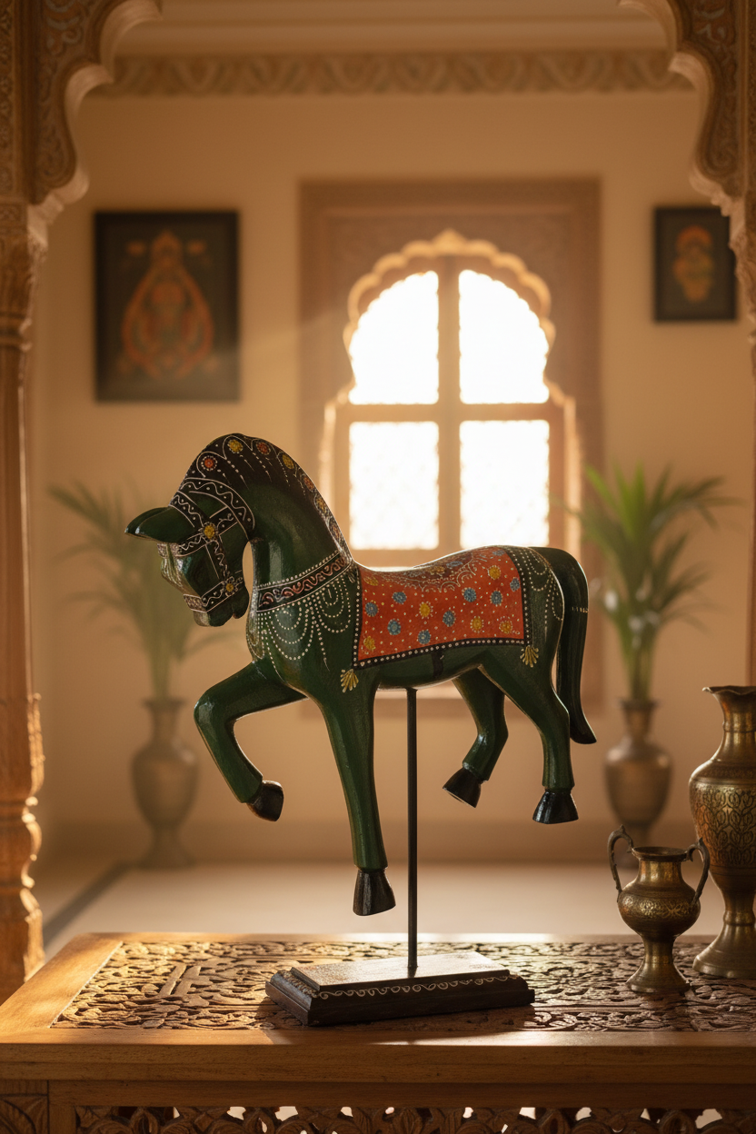 Decorative Handcrafted Standing Horse Figurine – Traditional Hand Painted Wooden Art