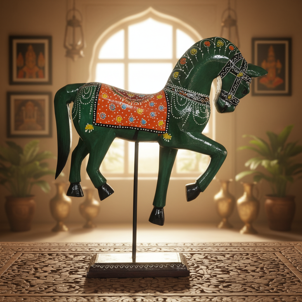 Decorative Handcrafted Standing Horse Figurine – Traditional Hand Painted Wooden Art