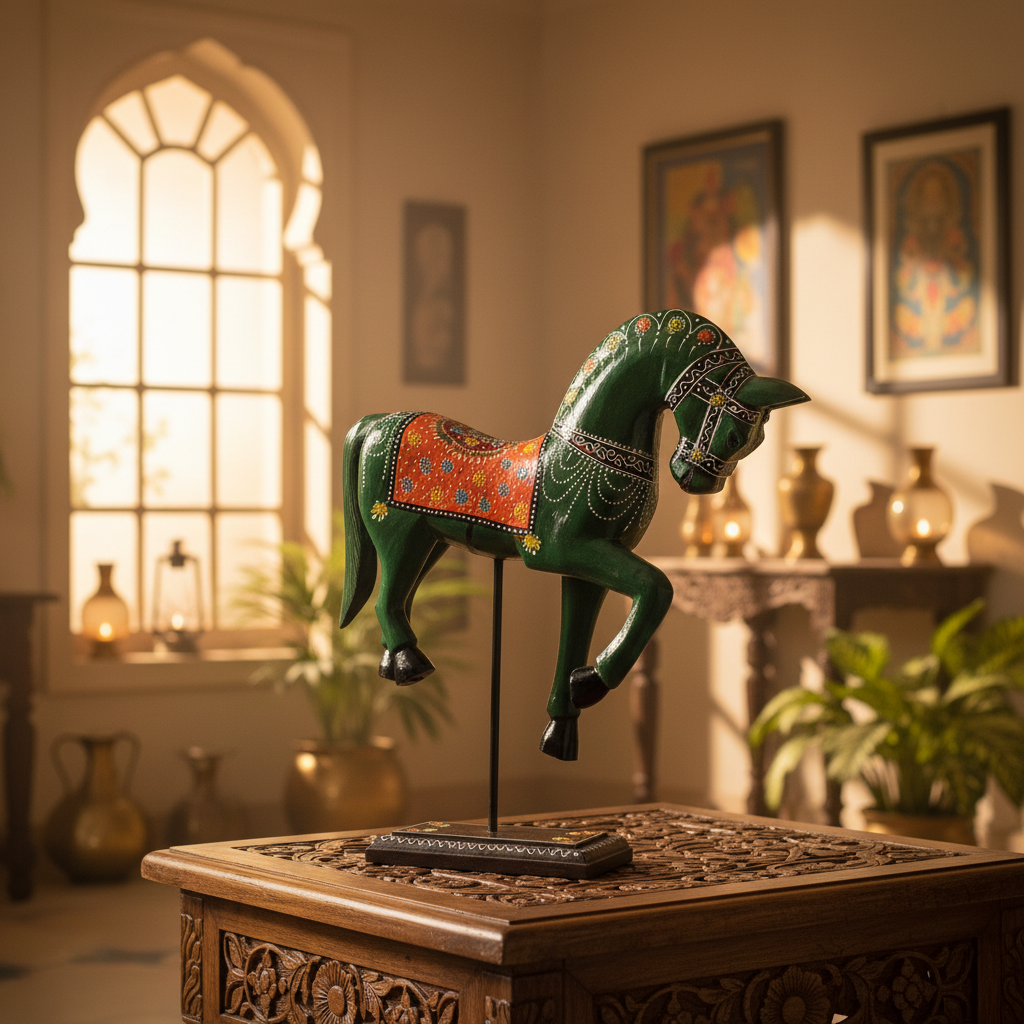 Decorative Handcrafted Standing Horse Figurine – Traditional Hand Painted Wooden Art