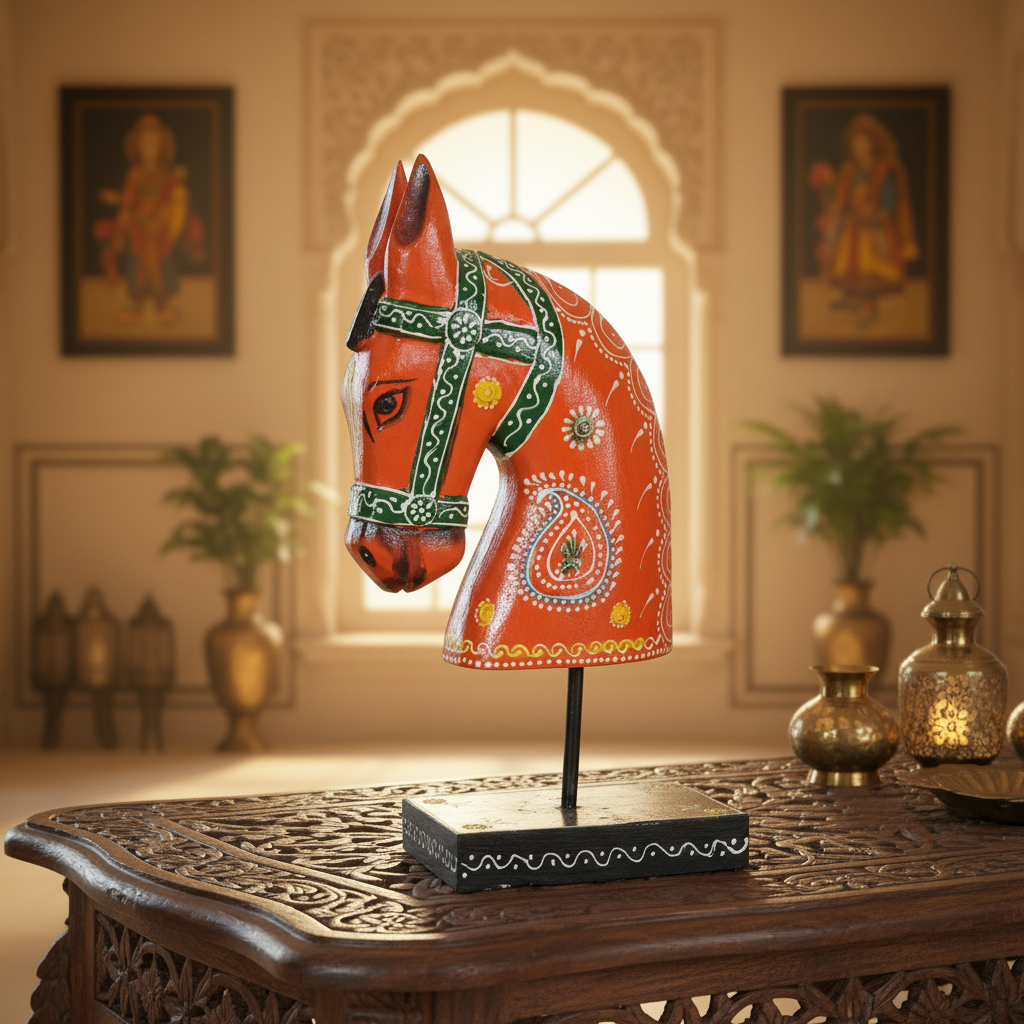 Decorative Handcrafted Wooden Horse Head Showpiece on Stand – Hand Painted Traditional Art