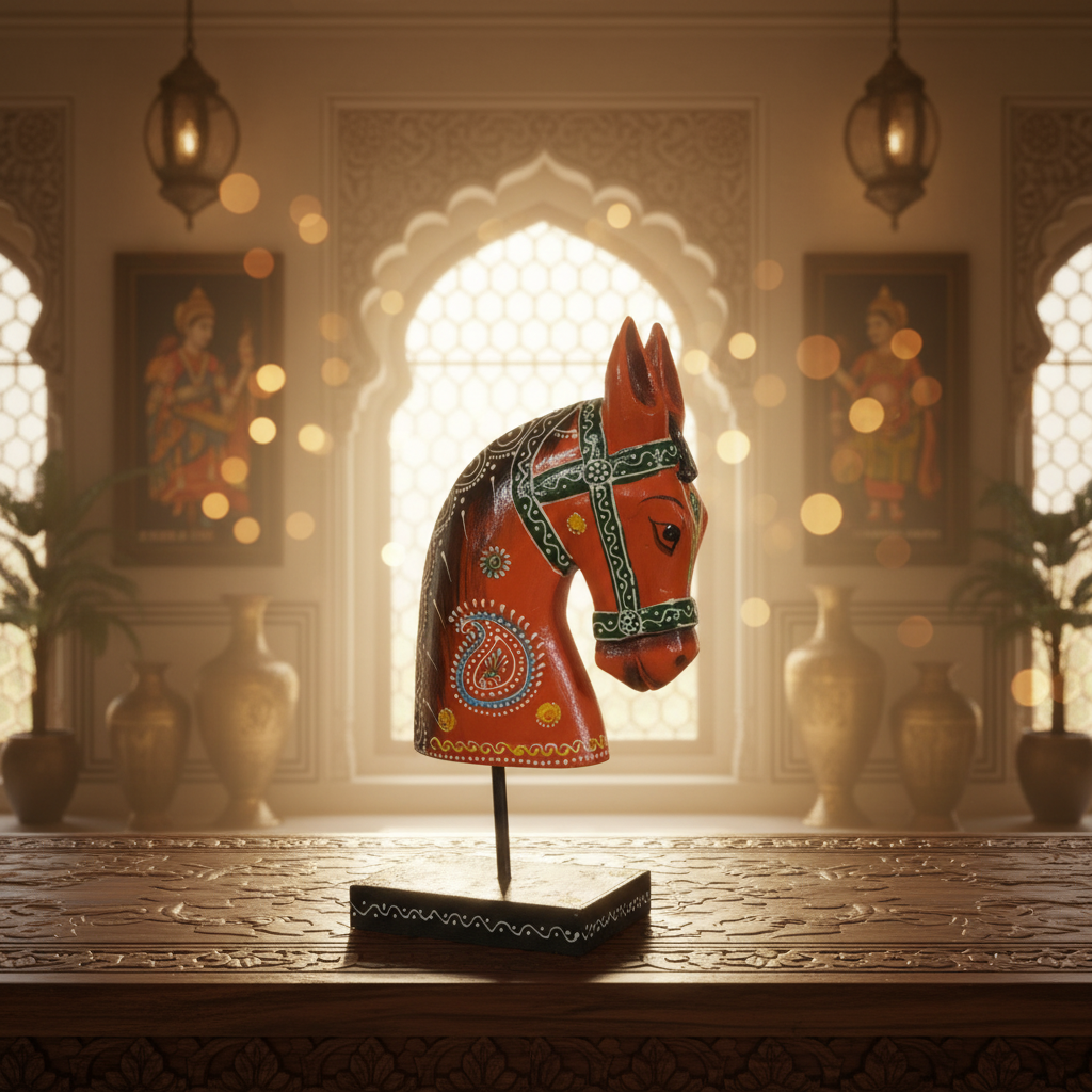 Decorative Handcrafted Wooden Horse Head Showpiece on Stand – Hand Painted Traditional Art