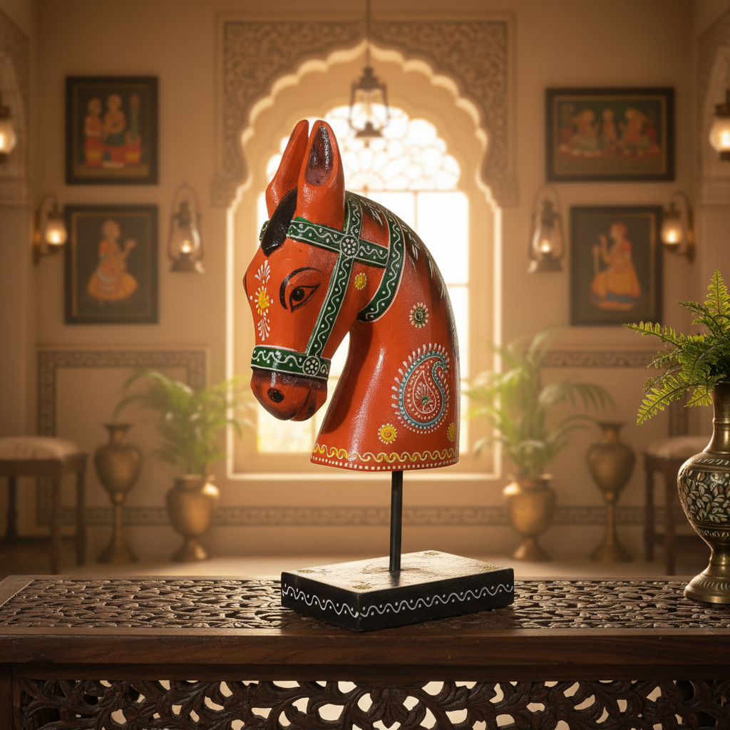 Decorative Handcrafted Wooden Horse Head Showpiece on Stand – Hand Painted Traditional Art