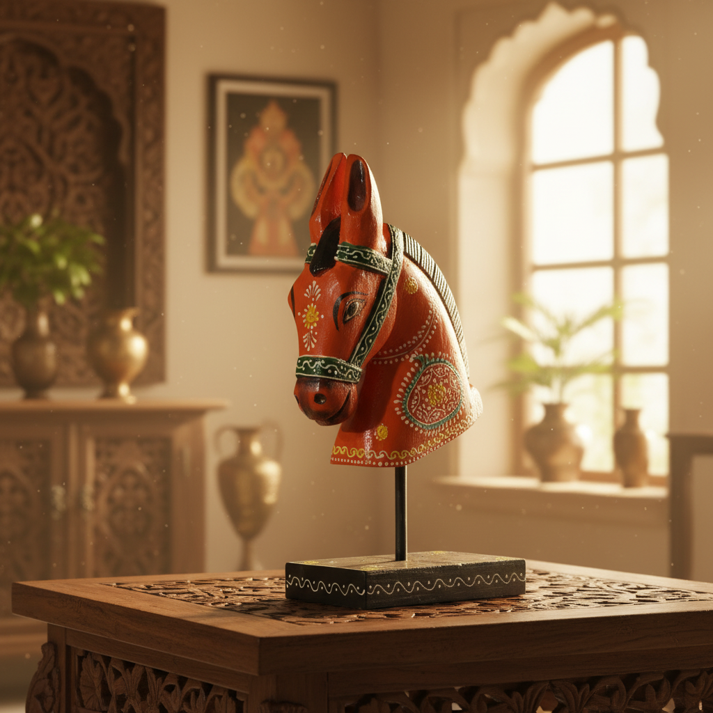 Decorative Handcrafted Wooden Horse Head Showpiece on Stand – Hand Painted Traditional Art