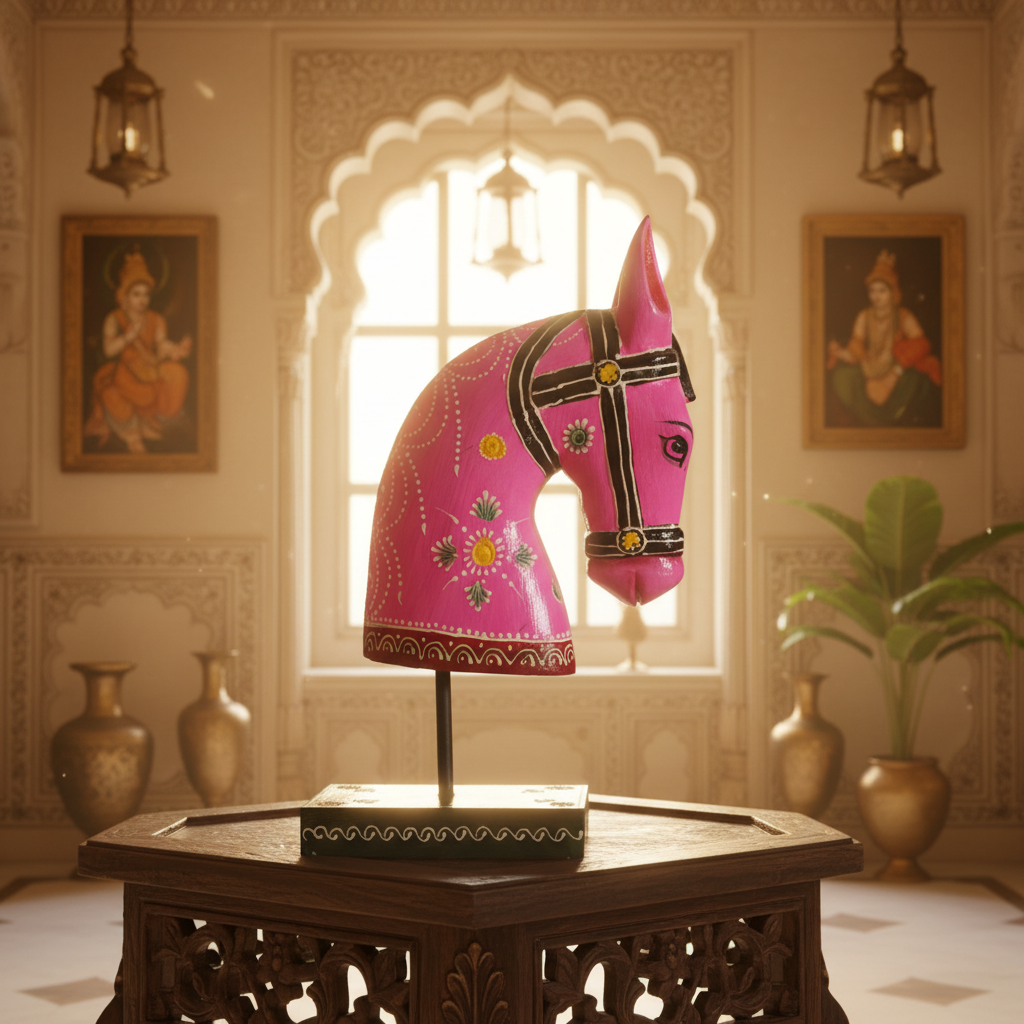 Decorative Handcrafted Wooden Horse Head Showpiece on Stand – Hand Painted Traditional Art