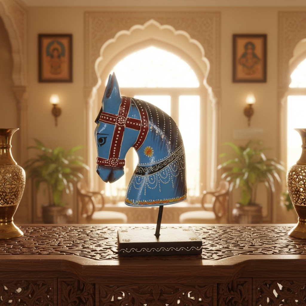 Decorative Handcrafted Wooden Horse Head Showpiece on Stand – Hand Painted Traditional Art