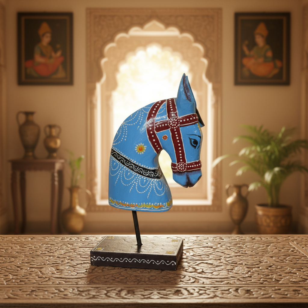 Decorative Handcrafted Wooden Horse Head Showpiece on Stand – Hand Painted Traditional Art