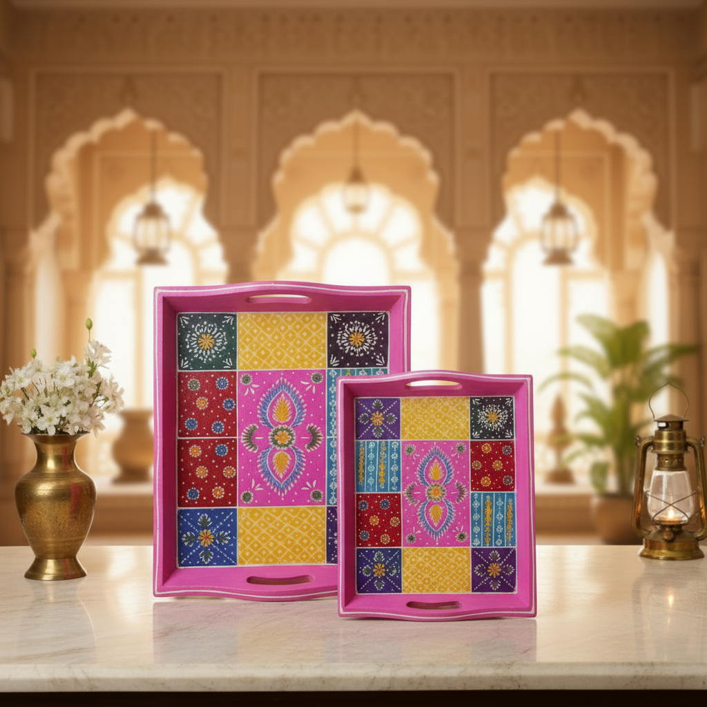 Decorative Handcrafted MDF Serving Tray Set – Hand Painted Traditional Art
