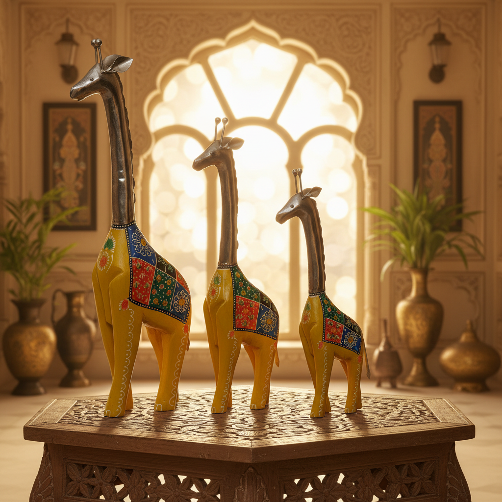 Decorative Handcrafted Giraffe Figurine Set – Metal Finish & Hand Painted Traditional Art