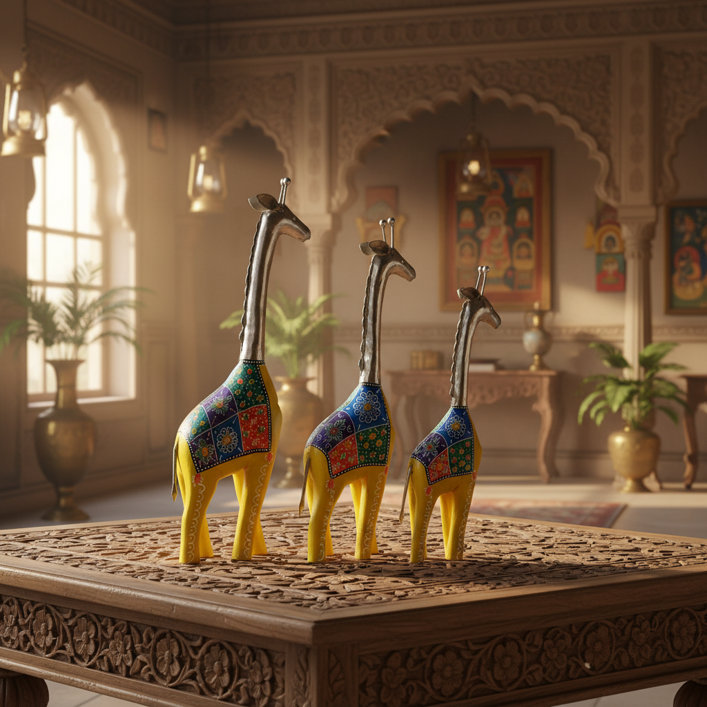 Decorative Handcrafted Giraffe Figurine Set – Metal Finish & Hand Painted Traditional Art