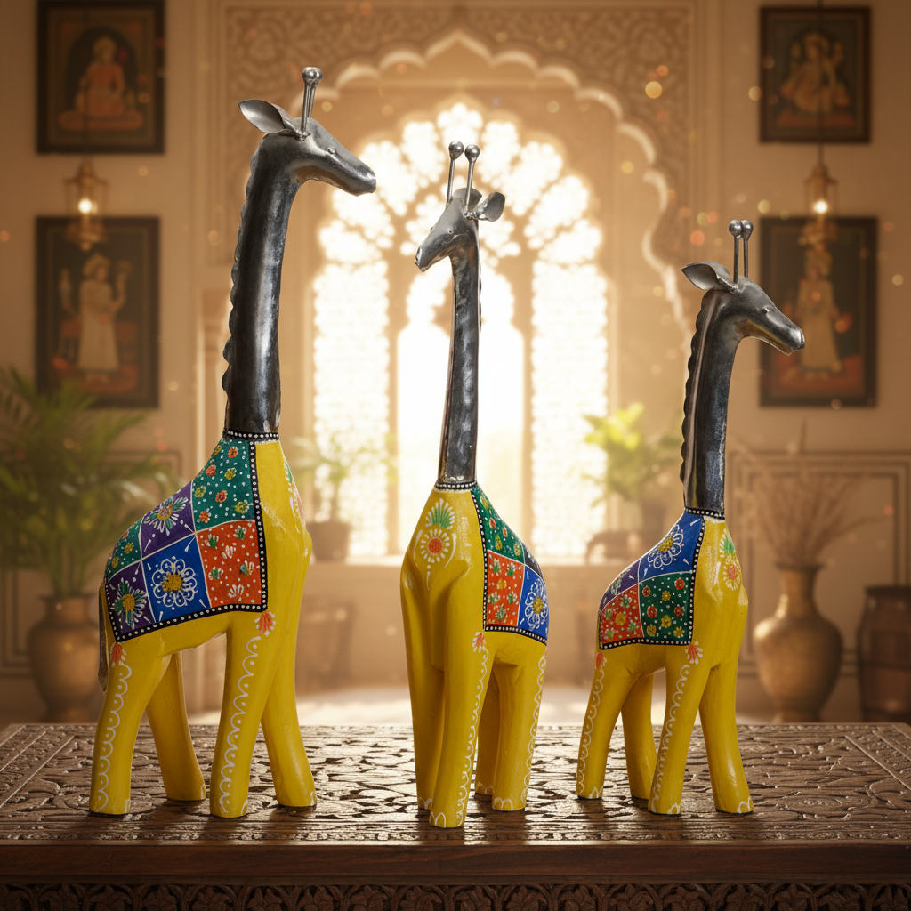 Decorative Handcrafted Giraffe Figurine Set – Metal Finish & Hand Painted Traditional Art