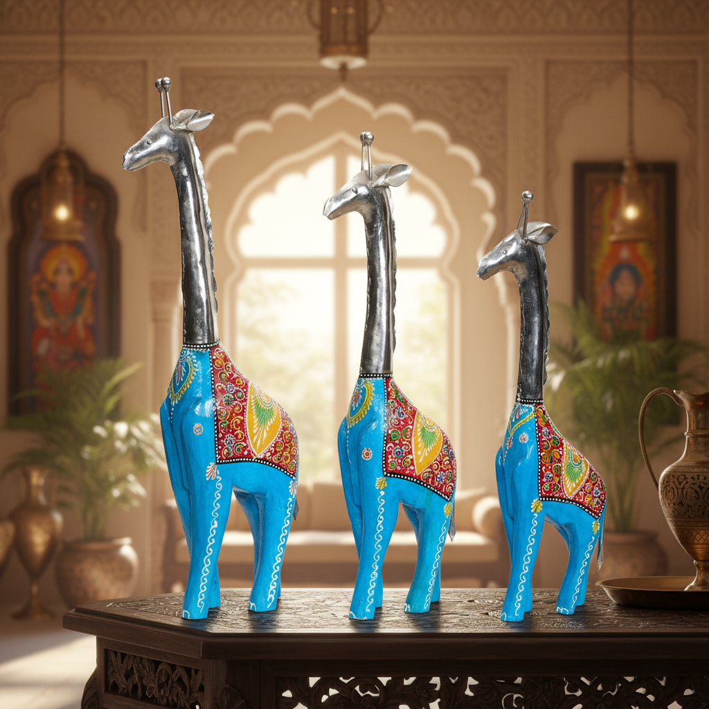 Decorative Handcrafted Giraffe Figurine Set – Metal Finish & Hand Painted Traditional Art